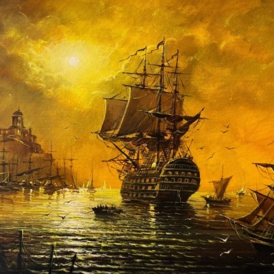 Galeão ao pôr do sol, óleo sobre tela
