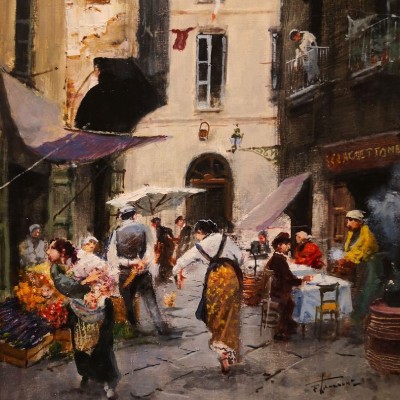 Mercado numa rua de Nápoles, óleo