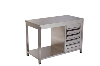 Mesa de trabalho inox c/portas e bloco de 4 gavetas modular MA Climainox